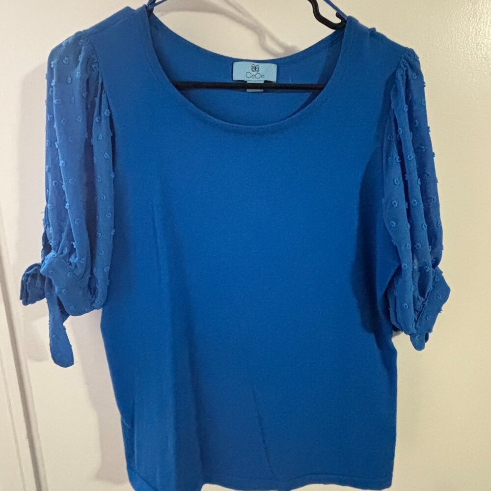 Cece Sheer Puff Short Sleeve Sweater Top, Size M